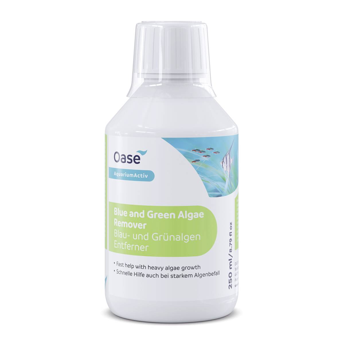 Bottle of Oase AquariumActiv Blue and Green Algae Remover for aquariums, with a white label and cap.