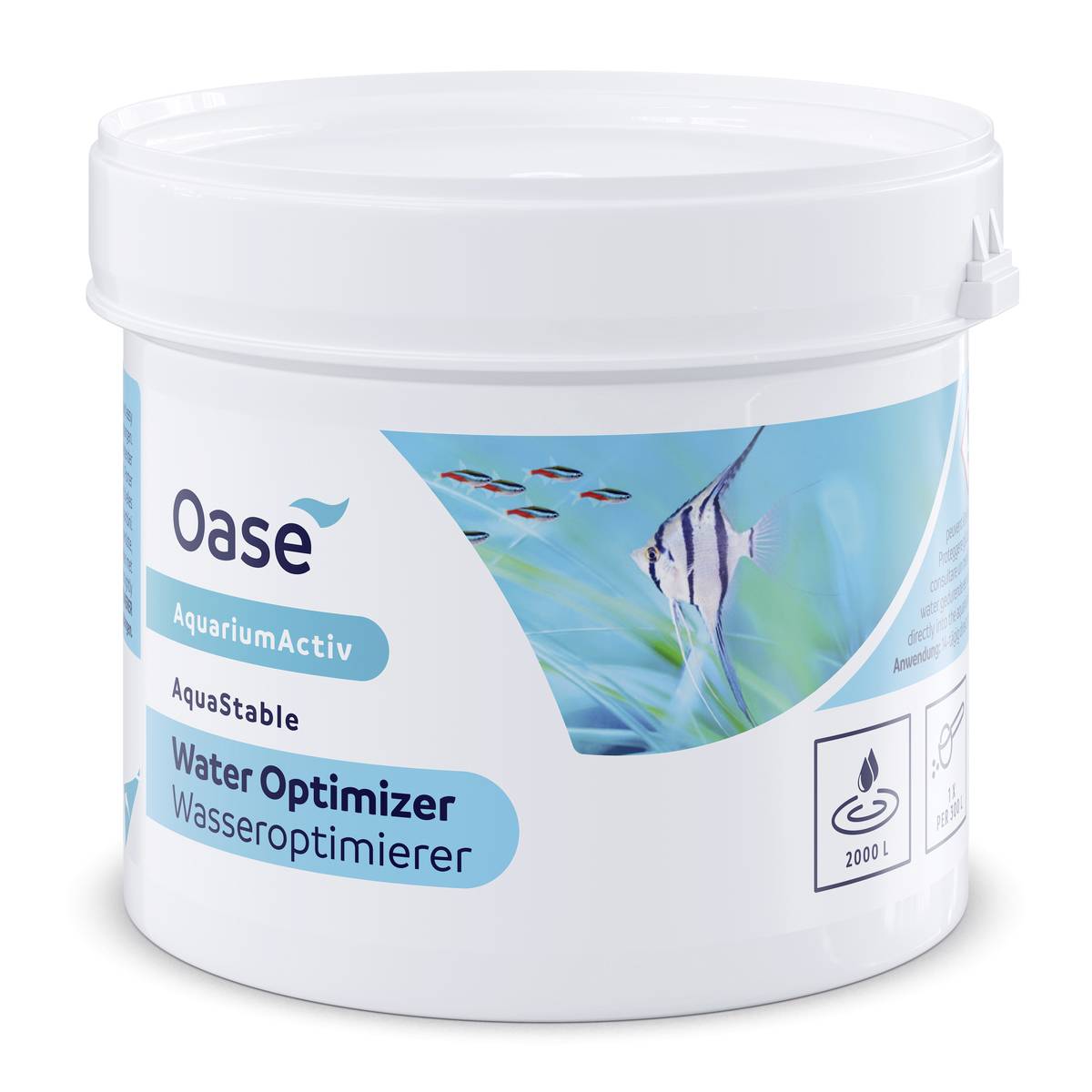White Oase AquariumActiv AquaStable Water Optimizer bucket with fish and aquarium graphic on the label.