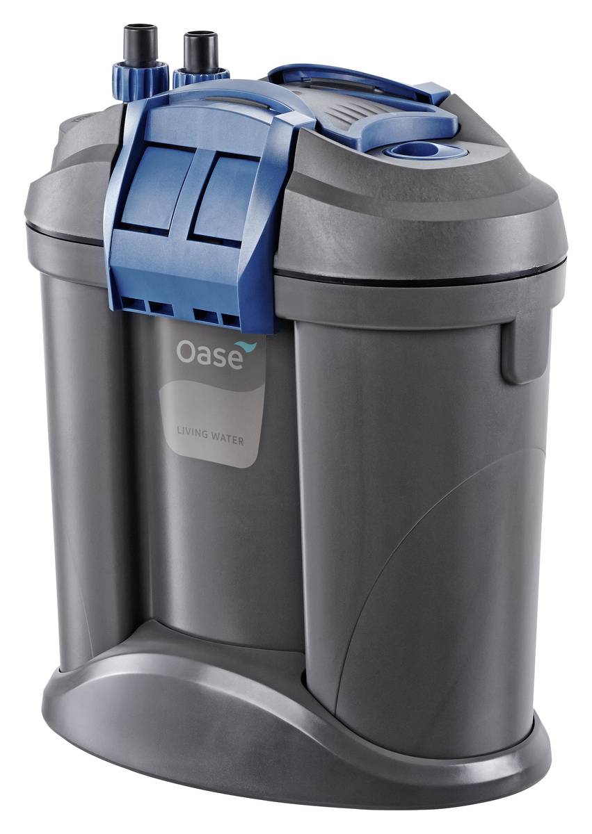Black Oase Living Water canister filter with blue top and dual hose fittings, shown on a white background.