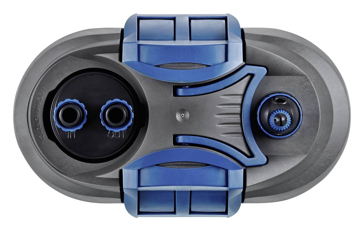 Front view of a gray and blue dual-port connector or adapter with two circular sockets on the left and a round dial-like component on the right.