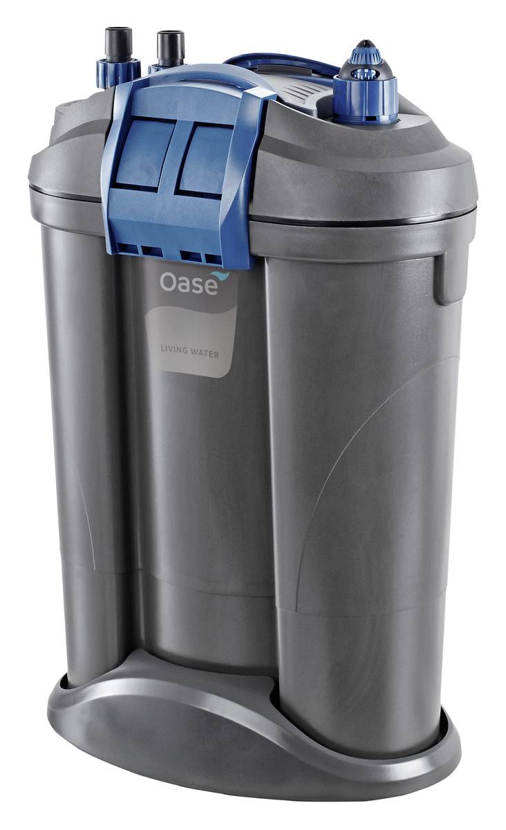 Gray Oase canister filter with blue latch and hose connectors, shown isolated on a white background.