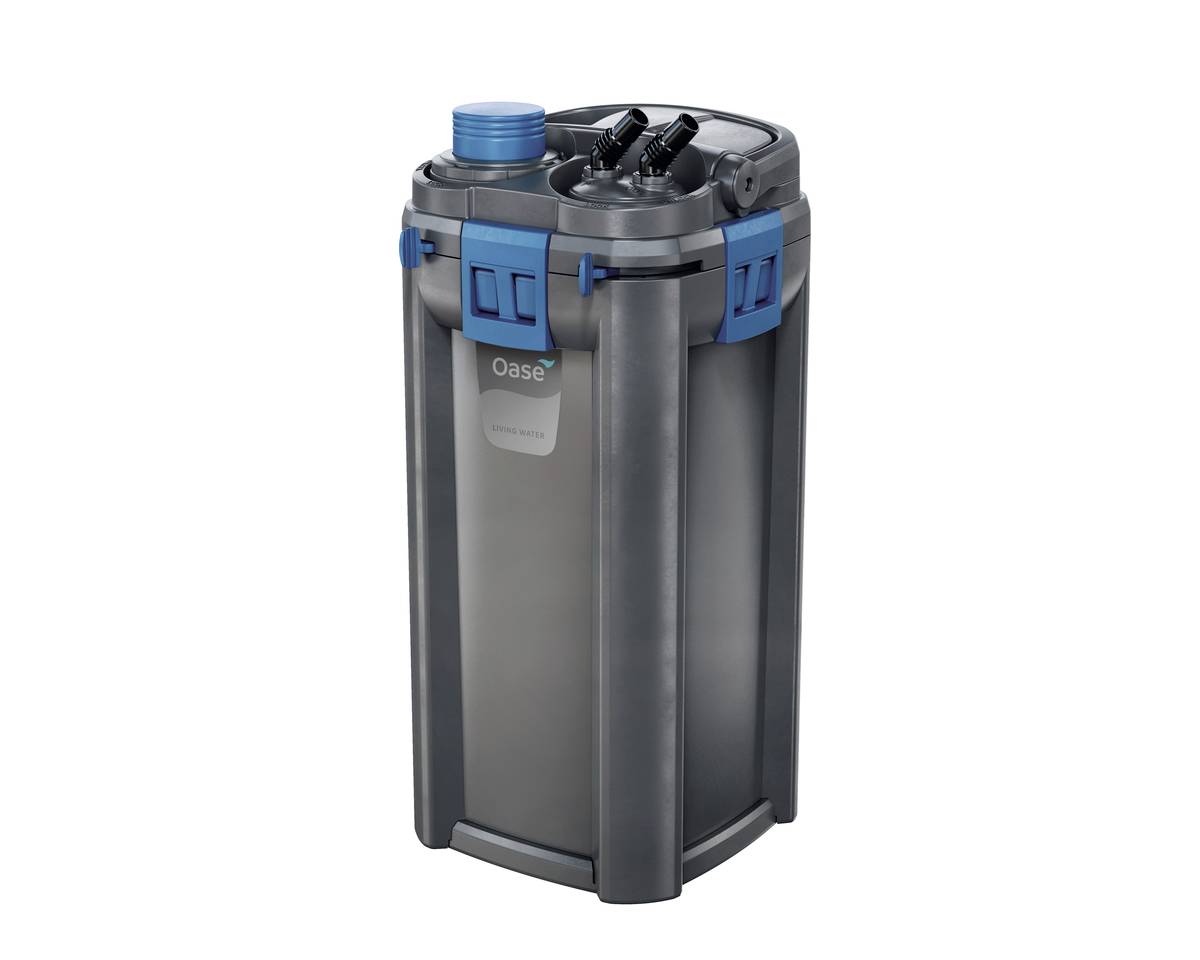 Gray and blue cylindrical canister with a top handle and hose fittings, labeled 'Oase', shown on a white background.