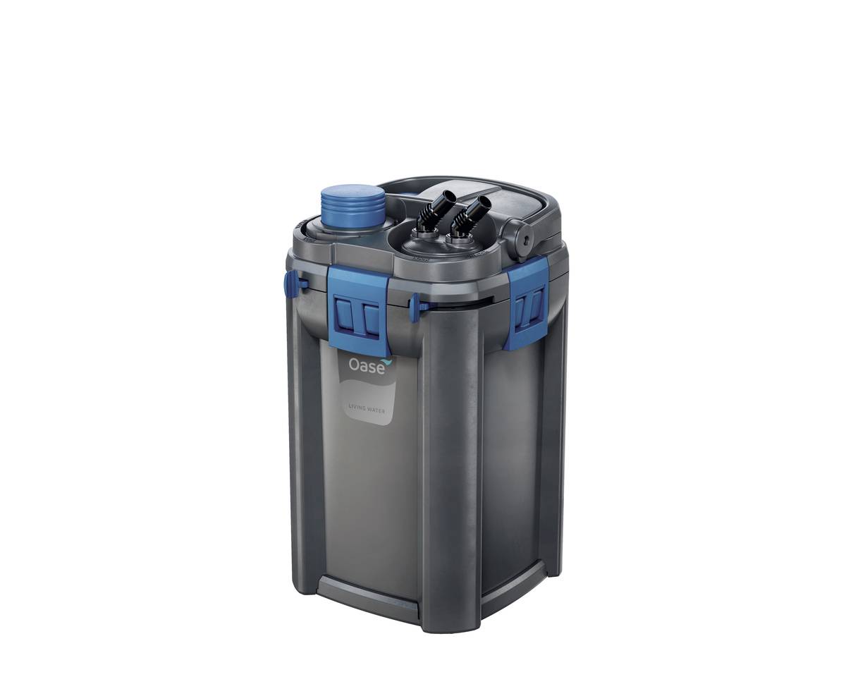 Gray and blue canister-style aquarium filter with hoses and blue cap, shown on a white background.