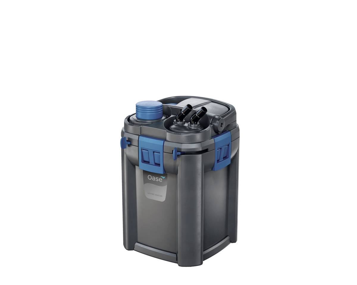 A compact black and blue aquarium canister filter with intake and output hose fittings on top.