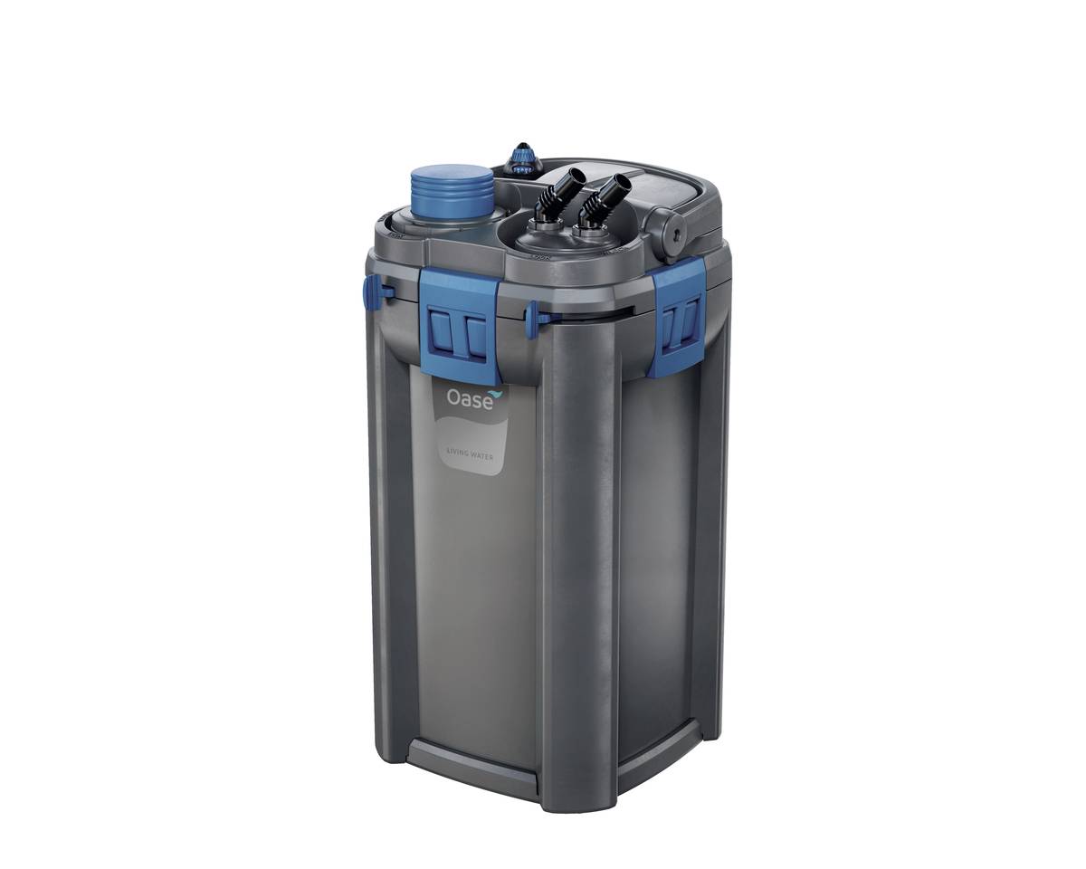 Gray and blue cylindrical aquarium filter canister with hoses and lid fittings on a white background.