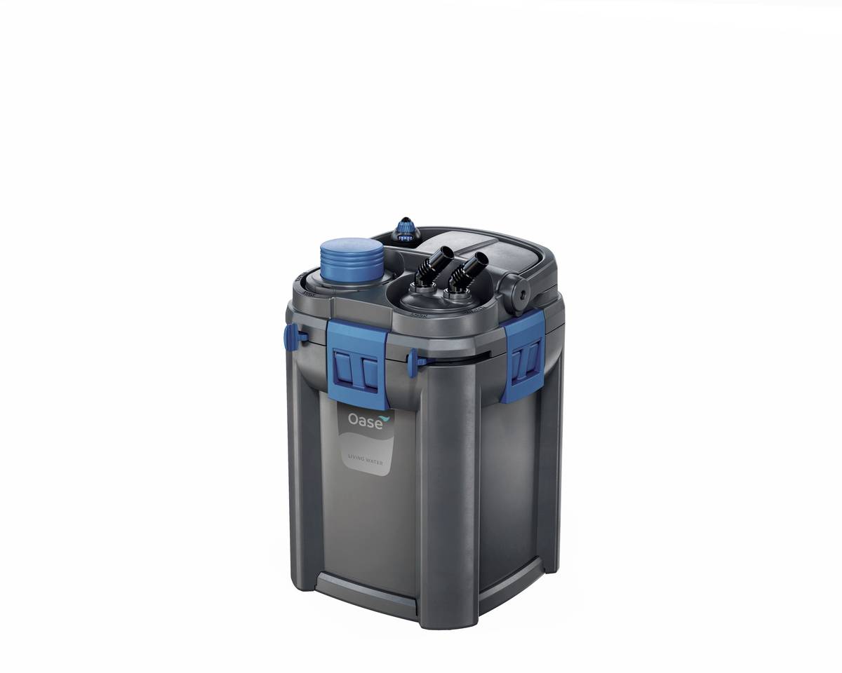 Portable aquarium canister filter with blue latches, hoses, and a black-gray housing on a white background.