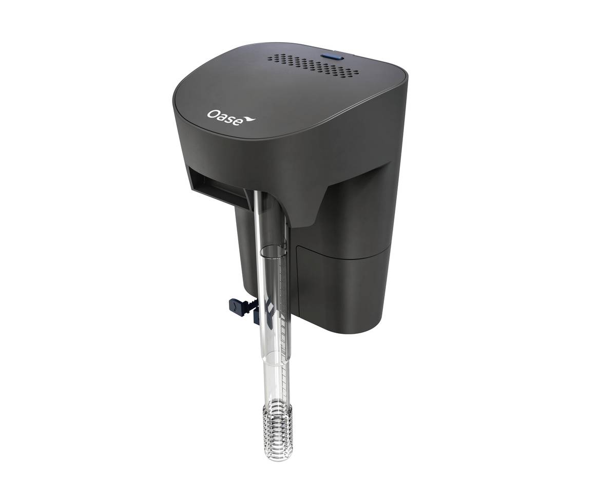 Black Oase device with top vents and a clear hanging tube or wand beneath, shown on a plain white background.