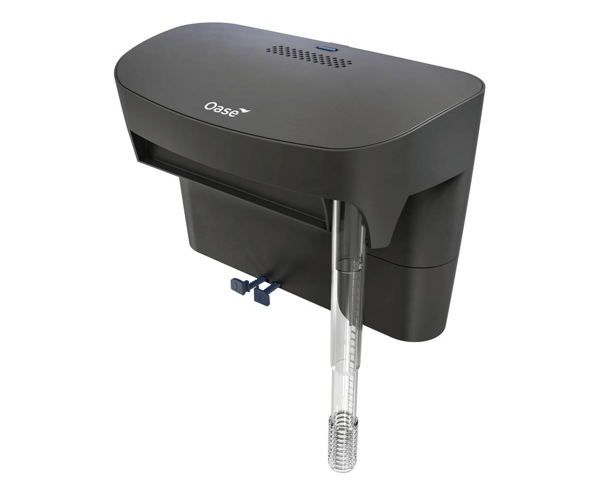 Black Oase pond filter unit with curved top, outlet port, and clear intake tube extending downward.