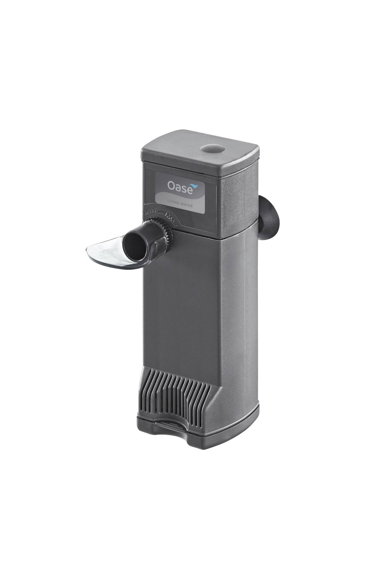 Compact black aquarium filter pump with inlet tube and vented base, shown on a plain white background.