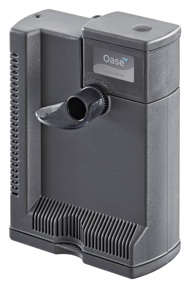 Compact black Oase Living Water filter unit with side intake and front outlet, shown on a white background.