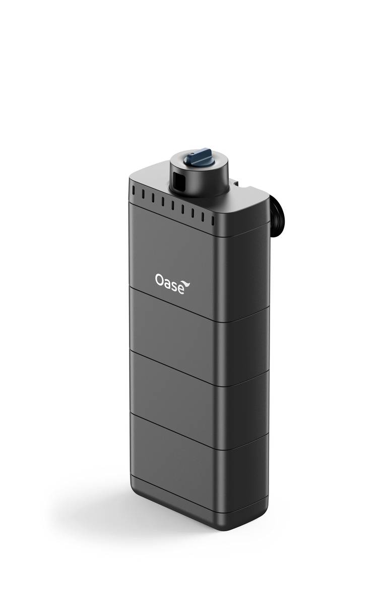 Black Oase aquarium filter canister with top control knob, shown isolated on a white background.