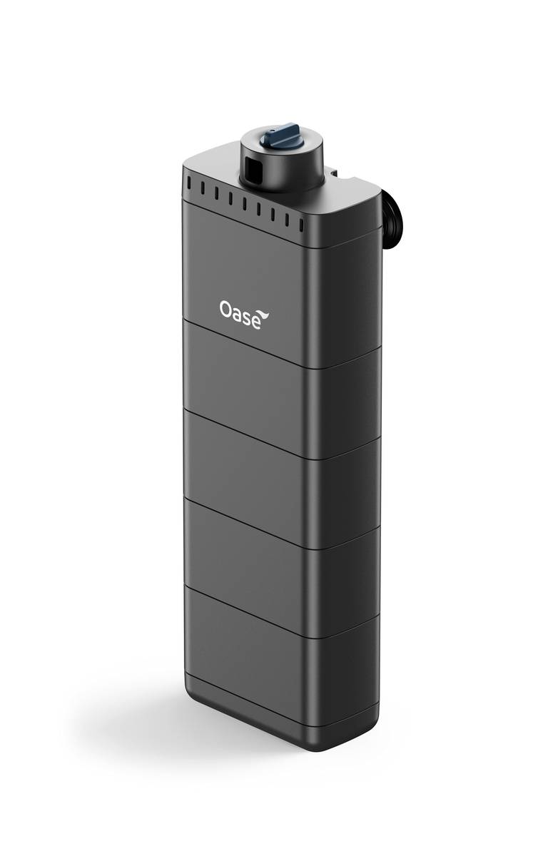 Black Oase rectangular aquarium filter or pump with top control knob and side outlet, shown isolated on a white background.