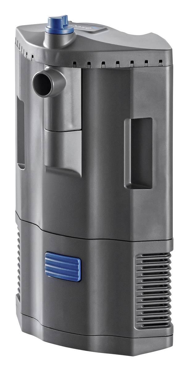Black aquarium filter canister with blue accents and visible intake and vent openings, shown on a white background.