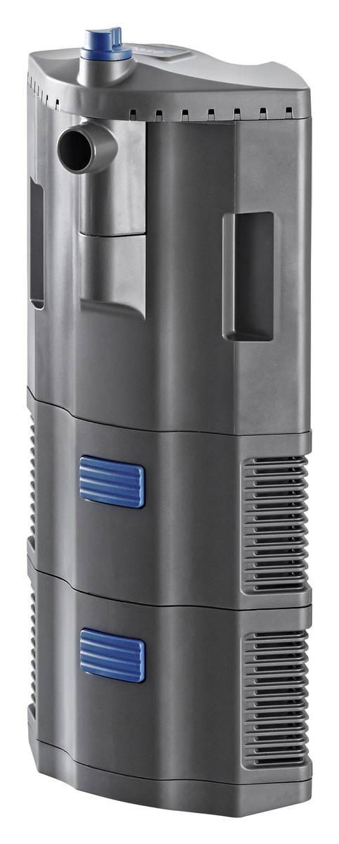 Tall black cylindrical water filtration unit with top inlet and side vents, shown isolated on a white background.