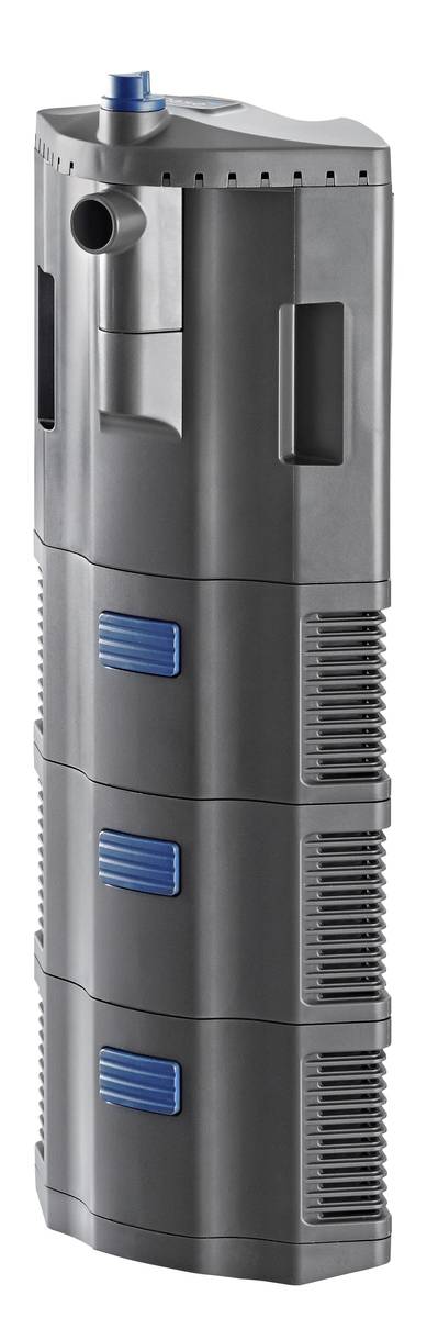 Tall black aquarium filter canister with blue vented panels and top outlet, shown on a white background