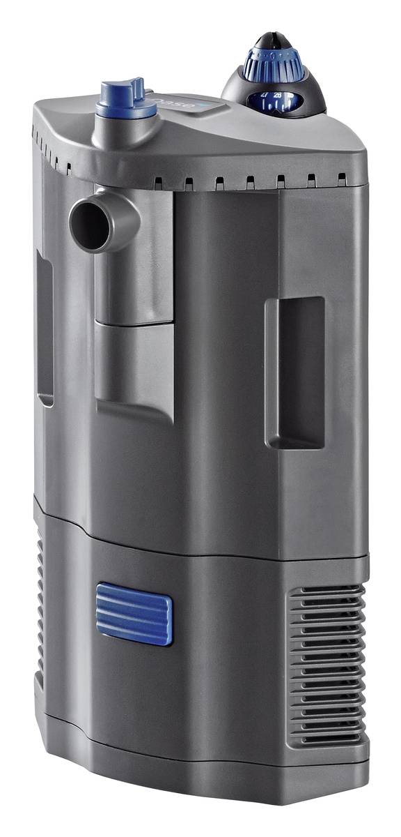Black cylindrical canister aquarium filter with blue controls and vented front panel, shown isolated on a white background.