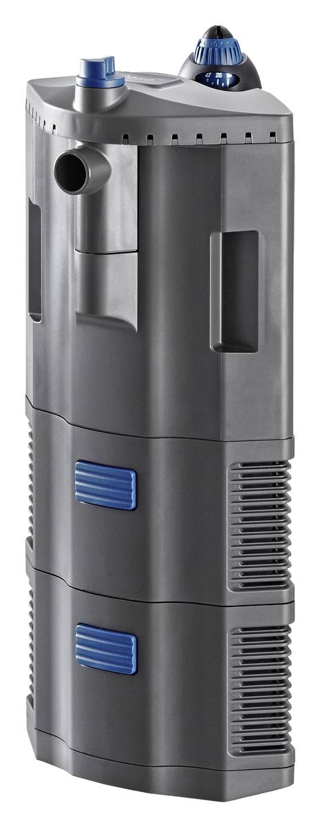 Gray cylindrical aquarium filter/pump with blue vent accents and intake/output ports, shown on a white background.