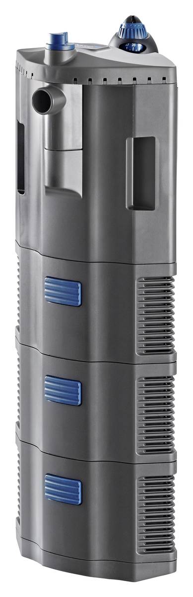 Tall cylindrical black aquarium filter or pump with blue vents and top nozzles, shown on a white background.