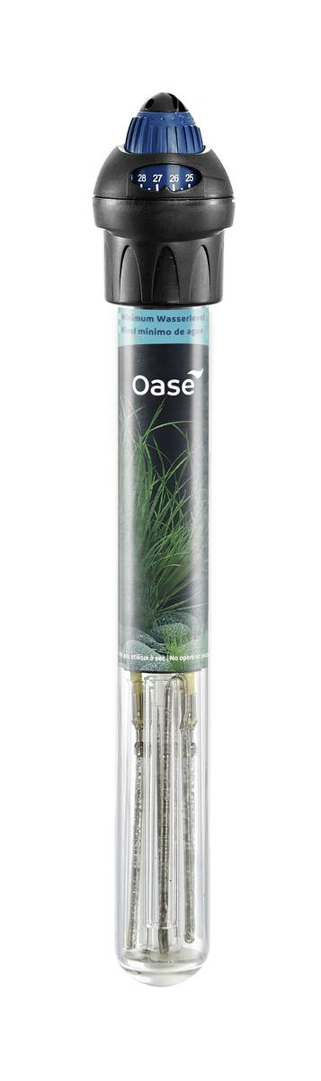 Oase aquarium water filter cartridge with clear cylindrical body, black top, and blue vented cap.
