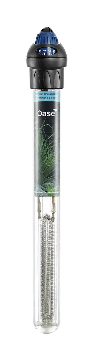Oase aquarium heater shown in packaging, a long black cylindrical heater with blue dial at the top and metal heating element at the bottom.