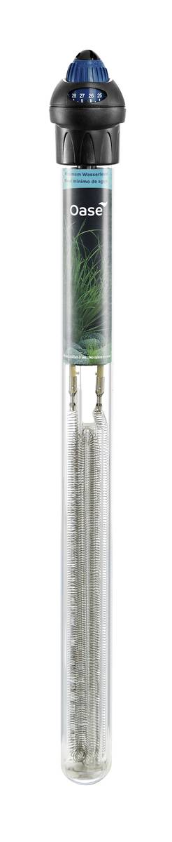 Clear cylindrical Aquarium filter tube with black top and blue ring, labeled “Oase,” showing internal filter media and intake tube.