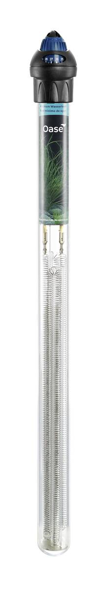 A black-and-clear glass aquarium heater with a blue adjustment cap, labeled 'oase,' shown vertically on a white background.