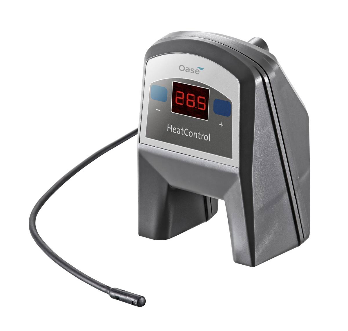 Oase HeatControl digital heater controller with display, plus/minus buttons, and temperature probe cable.