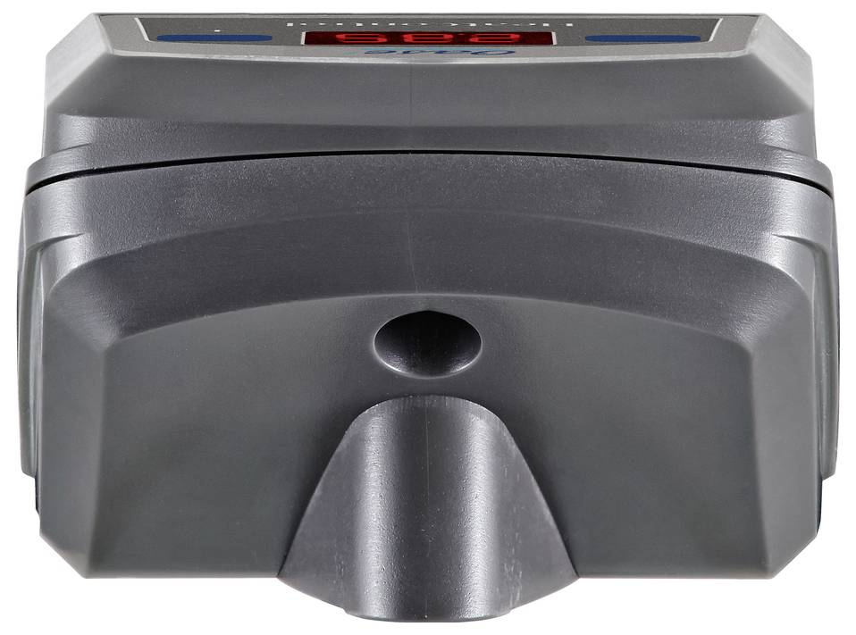 Gray plastic wall-mounted device with a central circular opening and top display panel, shown front view on a white background.
