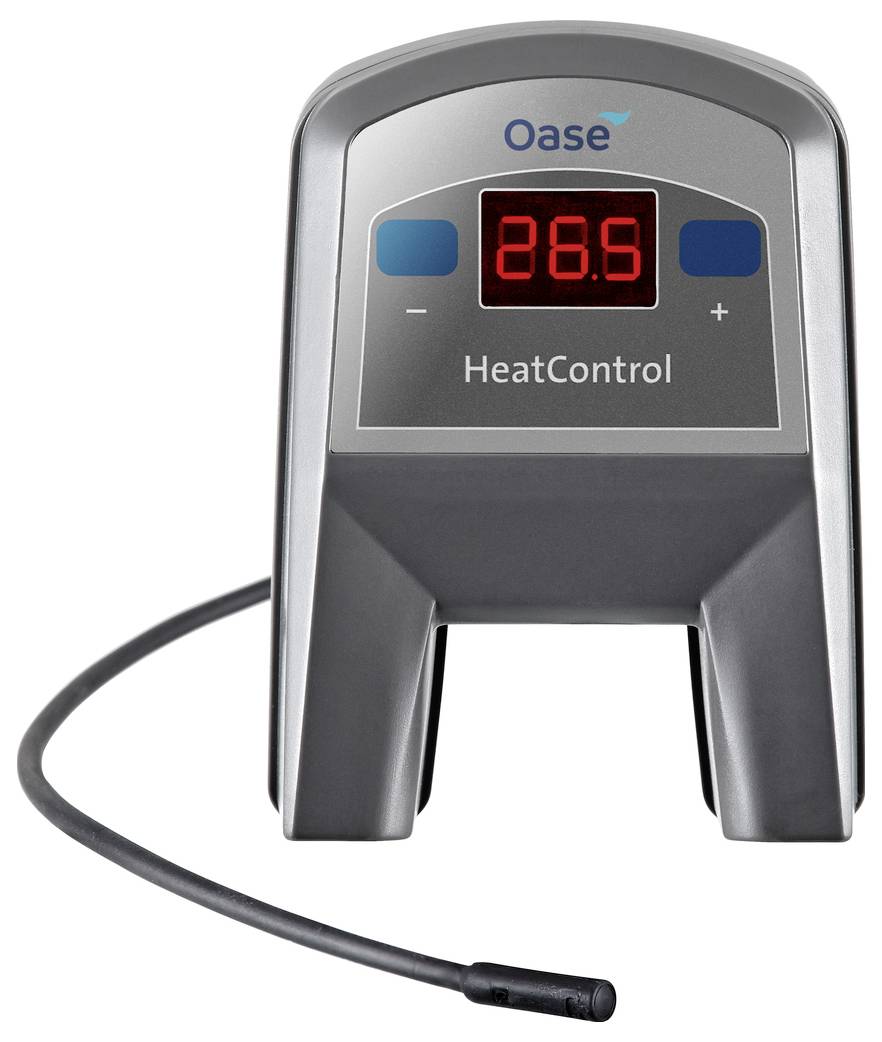 Oase HeatControl device with digital temperature display reading 28.6, plus and minus buttons, and a probe cable attached.