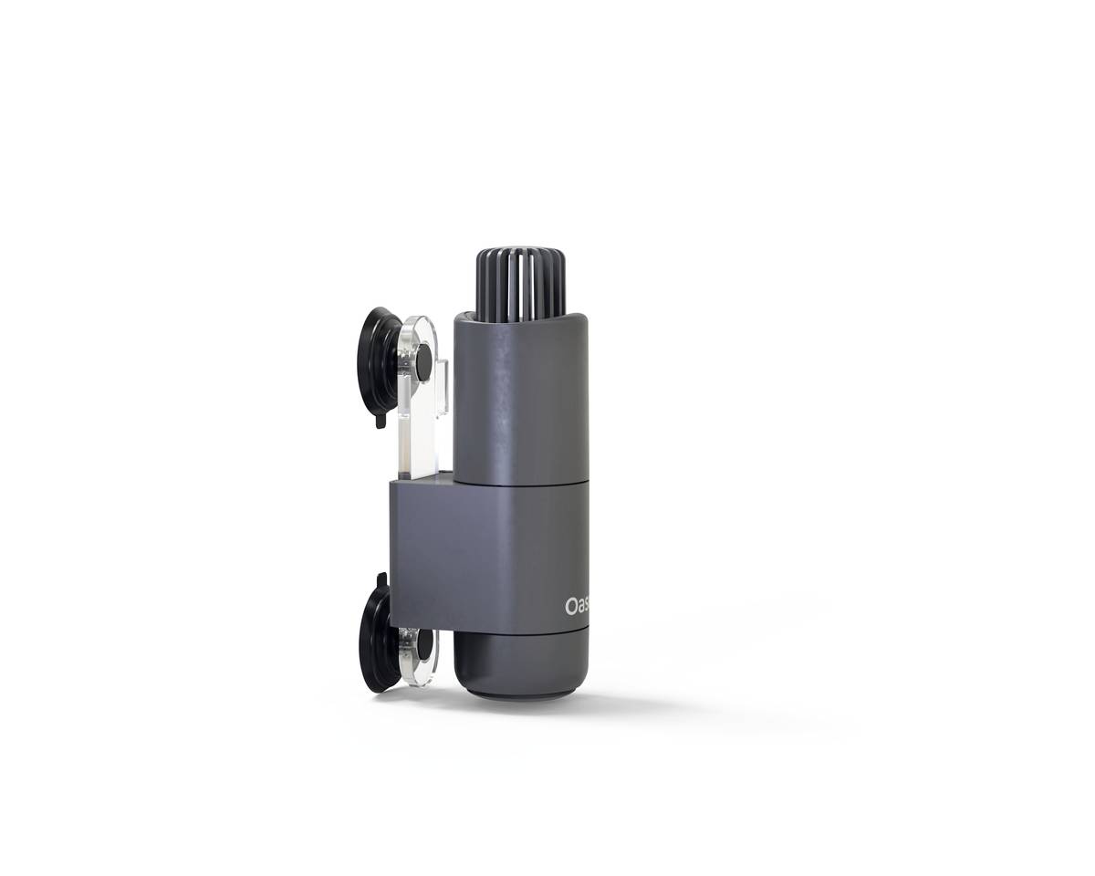 Compact gray folding window latch with two black suction cups on a white background.