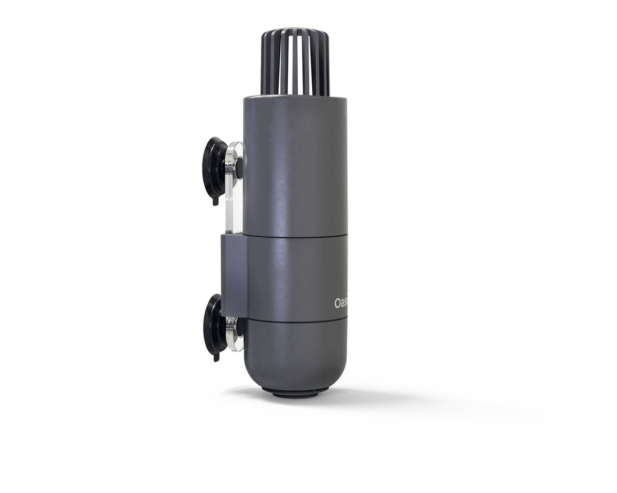 Dark gray cylindrical wall-mounted device with two side suction cups/knobs, shown on a white background.