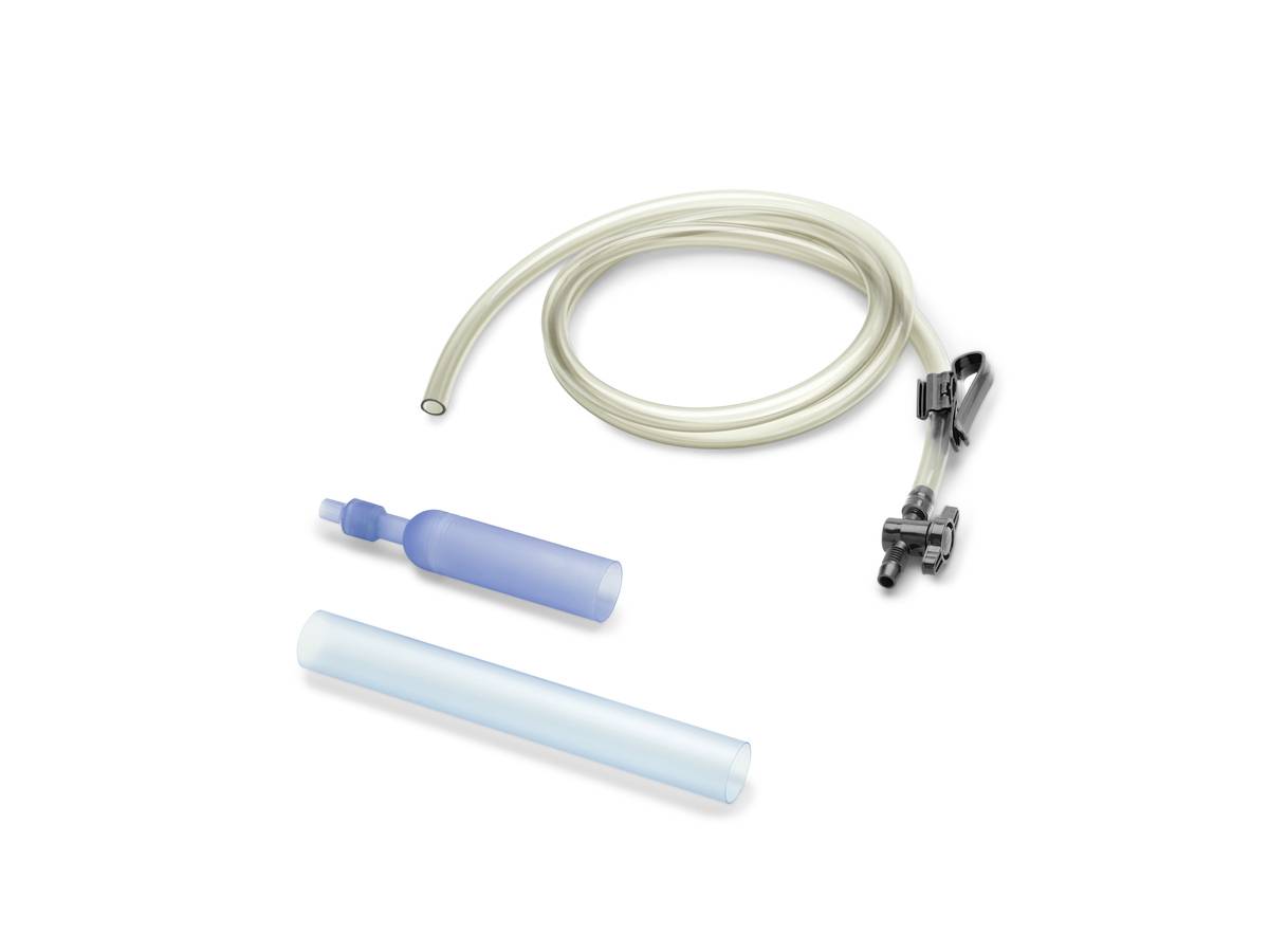 Medical tubing set with a coiled clear hose, blue cylindrical connector, and a small clamp or valve assembly on a white background.