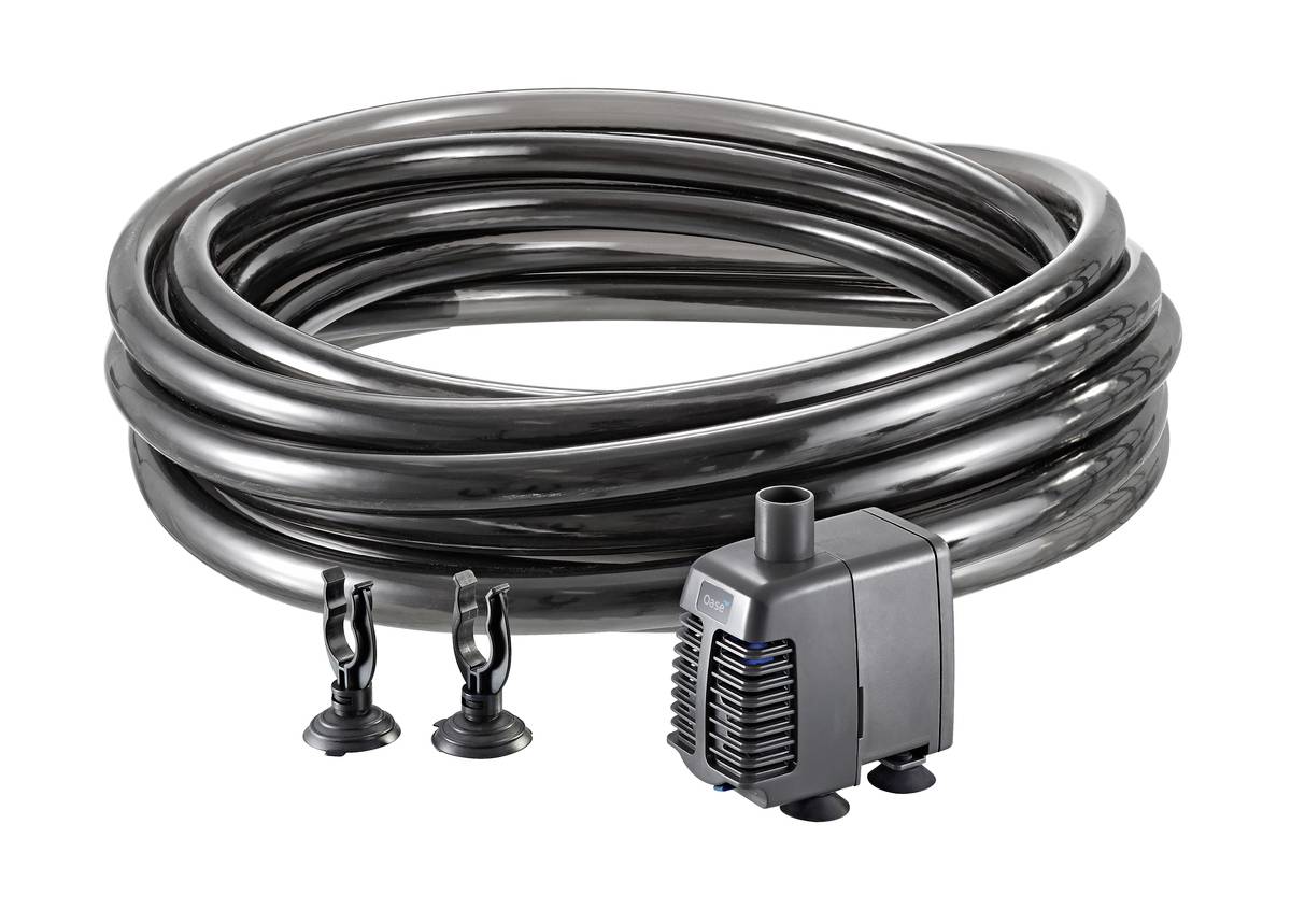 Coiled black hose tubing with a small pump unit and two suction cup mounts on a white background.
