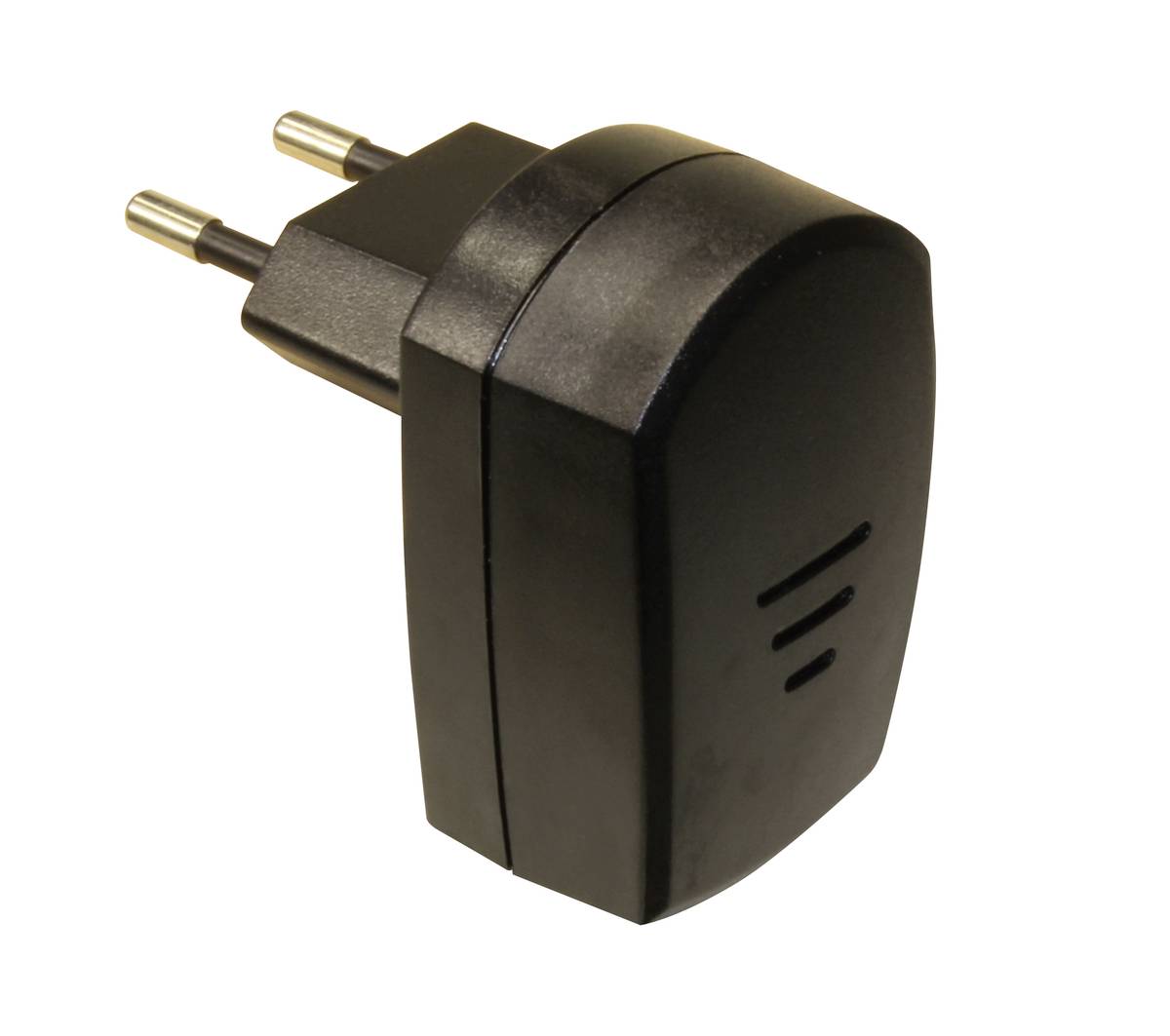 Black two-pin electrical plug adapter with rounded casing on a white background.