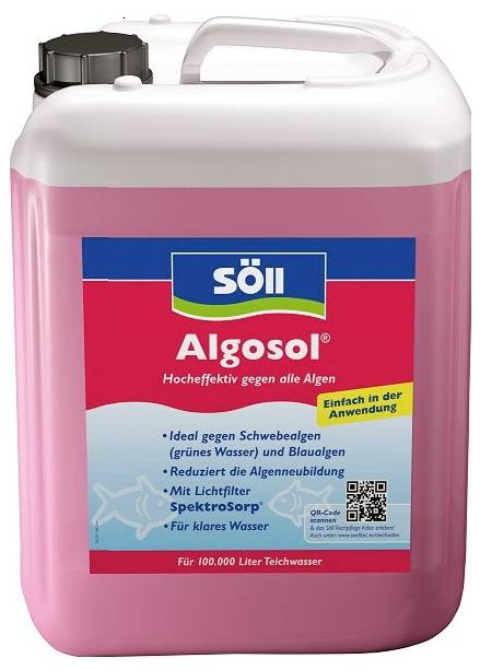 Récipient de traitement d'algues Algosol de Pink Söll avec poignée et bouchon noir, étiqueté pour une utilisation facile contre les algues dans les bassins et l'eau.