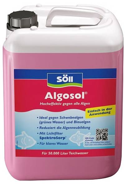 Récipient de traitement aux algues Pink Söll Algosoil avec poignée et étiquette indiquant qu'il est facile à utiliser, réduit la croissance des algues et clarifie l'eau du bassin pour 50 000 litres.