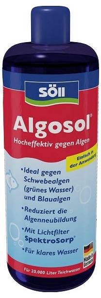 Bouteille de traitement anti-algues Söll Algosol pour une eau de bassin cristalline, étiquetée « Hautement efficace contre les algues » et pour 20 000 litres.