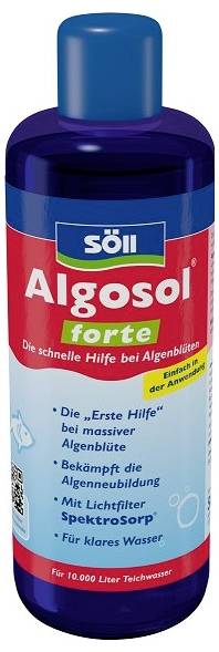 Une bouteille de traitement anti-algues Söll Algosol forte pour l'eau du bassin cristalline, étiquetée comme aide rapide contre les proliférations d'algues et les algues bénéfiques.