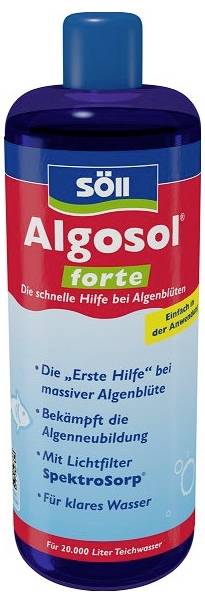 Flacon de traitement d'algues Söll Algosol forte pour l'eau de bassin, avec étiquette affirmant une aide rapide contre la prolifération d'algues et une eau plus claire.
