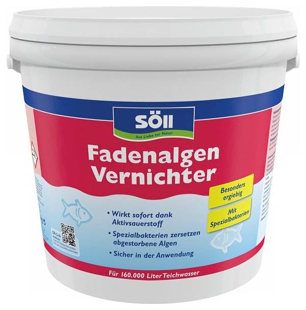 Seau blanc de 'Fadenalgen Vernichter' de Söll, traitement pour bassin destiné à éliminer les algues filamenteuses, étiqueté pour 160 000 litres d'eau de bassin.