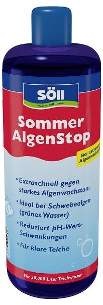 Flacon de « söll Sommer AlgenStop » pour le traitement de bassin, étiqueté pour un contrôle rapide des algues, la stabilisation des fluctuations du pH et le maintien de l'eau cristalline.
