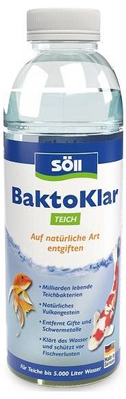 Flacon de traitement d'eau de bassin Söll Baktoklar TEich, étiqueté « Détoxifier de manière naturelle », avec des poissons koi et des caractéristiques pour clarifier l'eau.