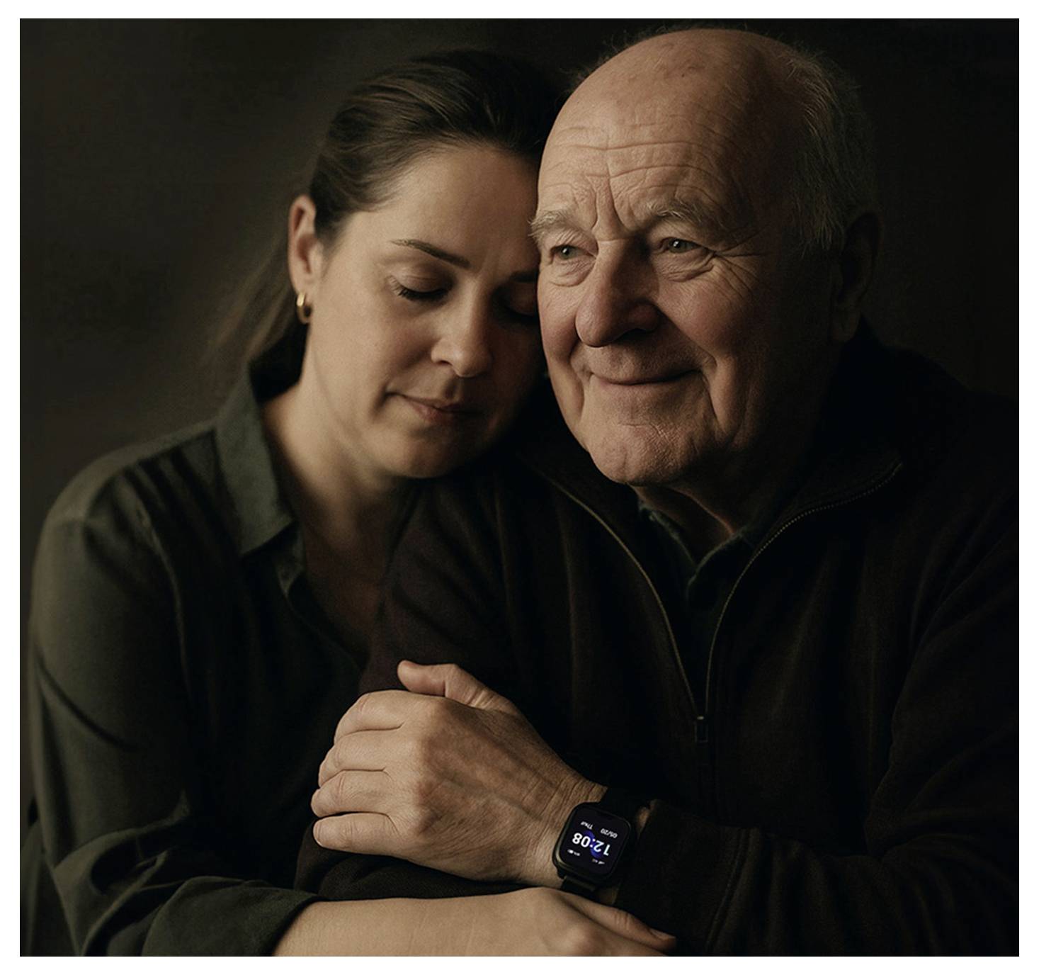 Une femme penche doucement sa tête sur l'épaule d'un homme âgé. Tous deux semblent contents, l'homme portant une montre intelligente affichant l'heure.