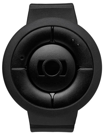 Une montre intelligente noire minimaliste avec un cadran circulaire comportant des marqueurs tactiles et aucun écran visible.