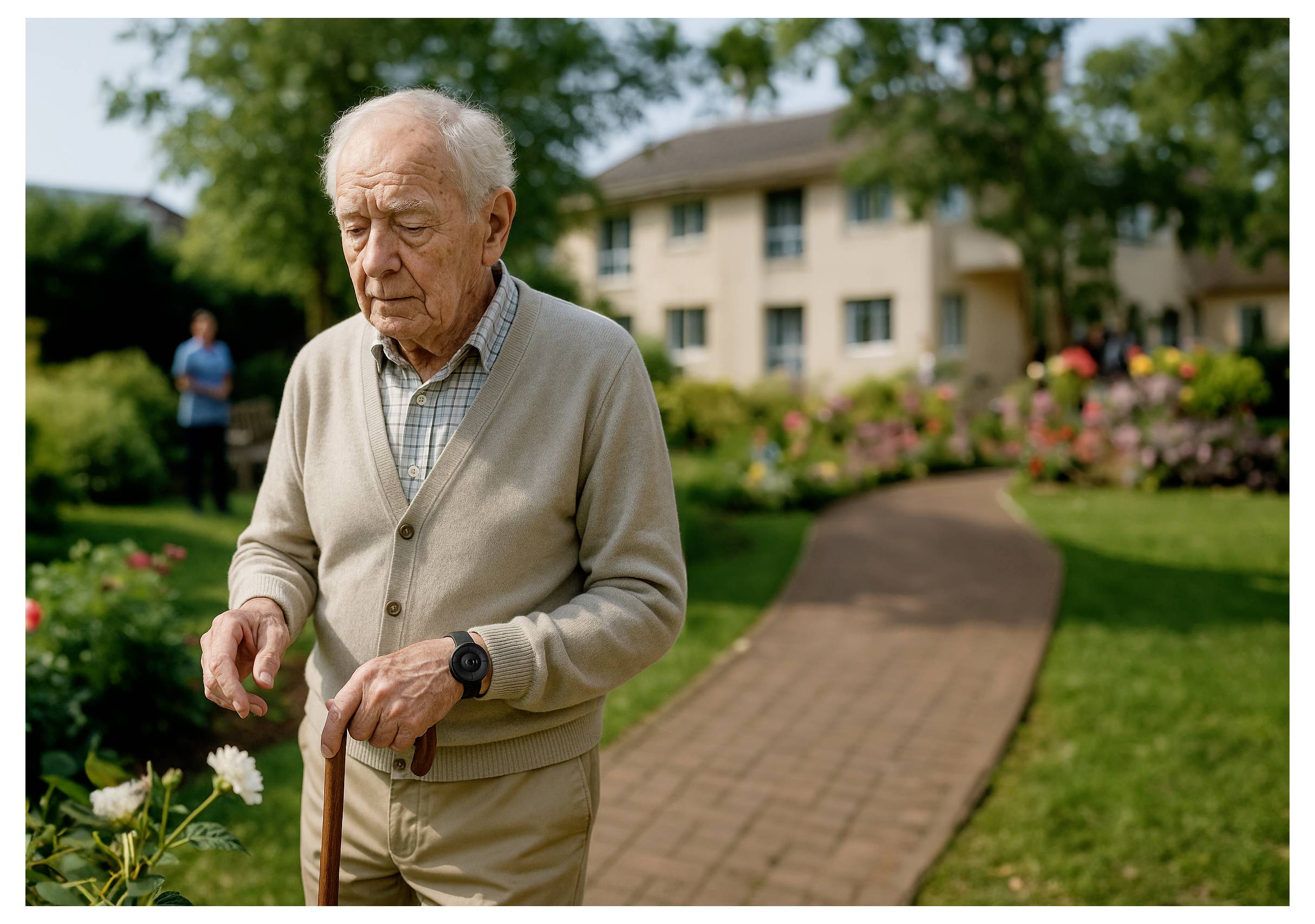 An elderly man walking with a cane along a garden path in a residential area, with flowers and trees in the background.