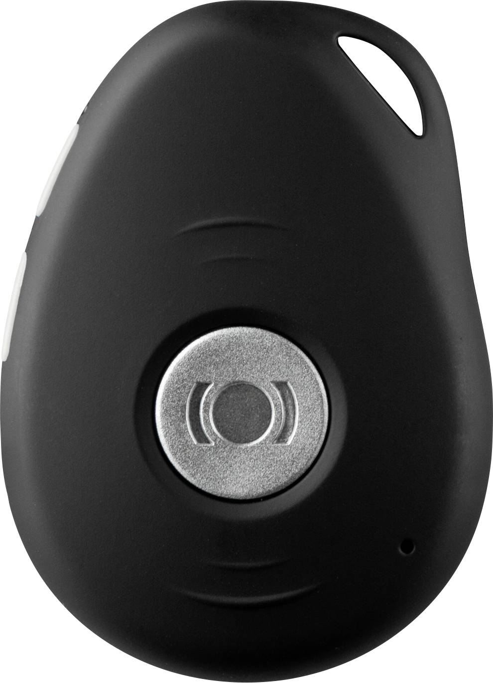 Un petit appareil en forme de larme noire avec un bouton métallique central, probablement une alarme de sécurité personnelle ou un localisateur de clés.