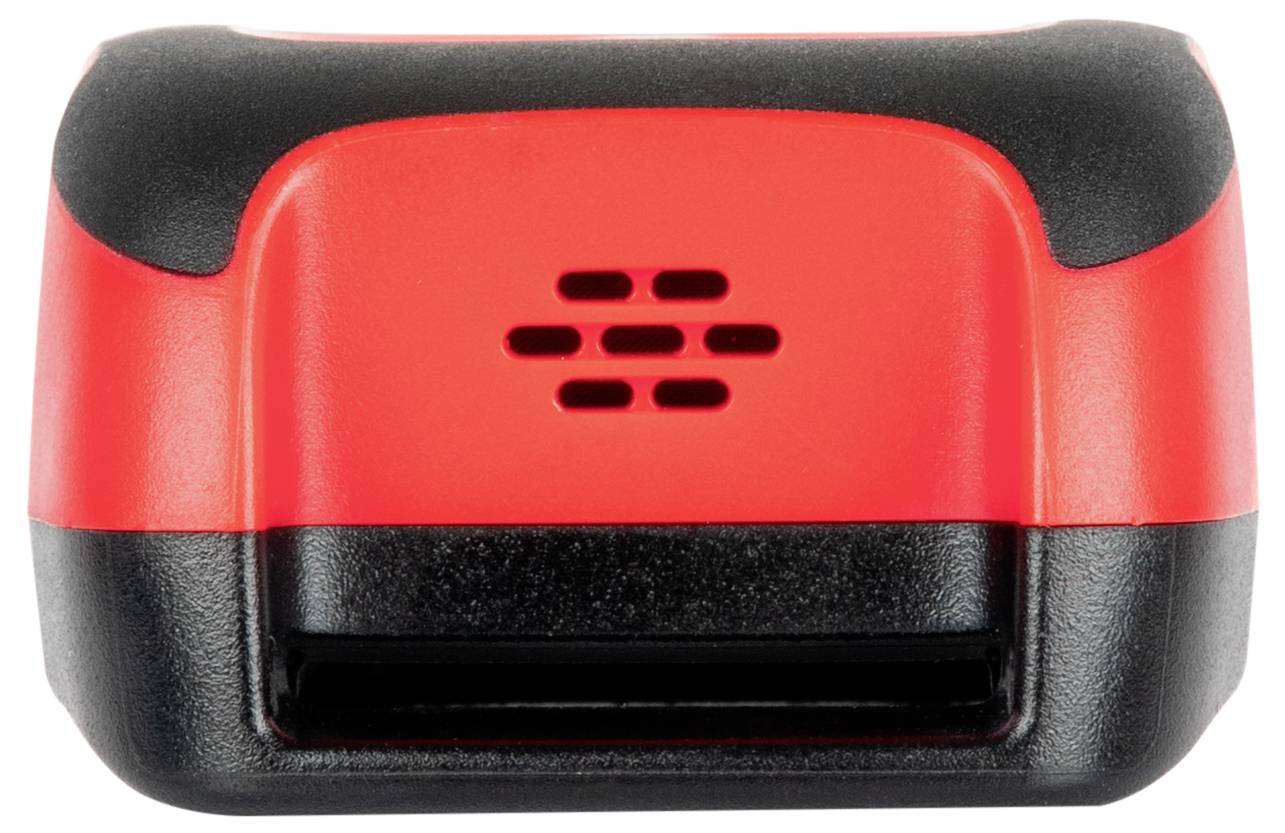 Un petit appareil électronique rouge et noir avec une grille de haut-parleur et une fente, possiblement pour scanner ou saisir des informations.
