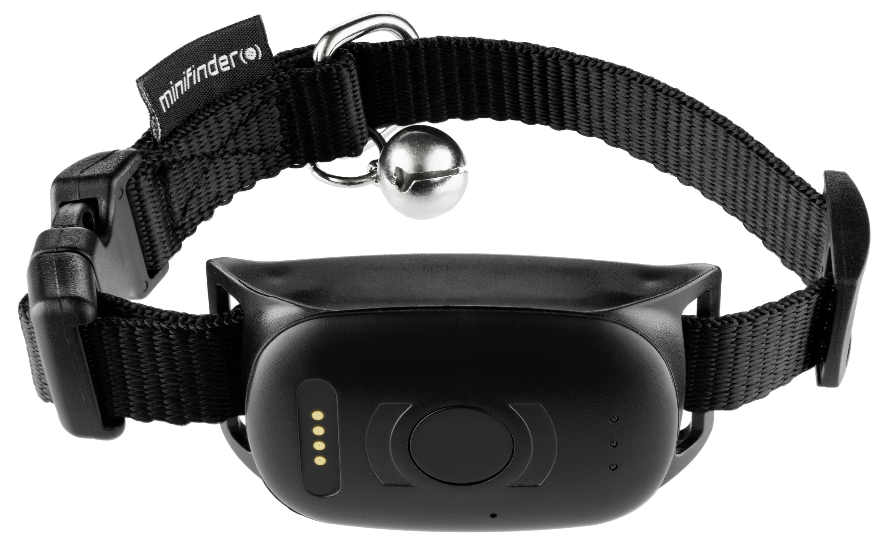 Un collier de suivi pour animaux de compagnie noir avec une boucle métallique et une petite clochette argentée, doté d'un module GPS et de connecteurs de recharge.