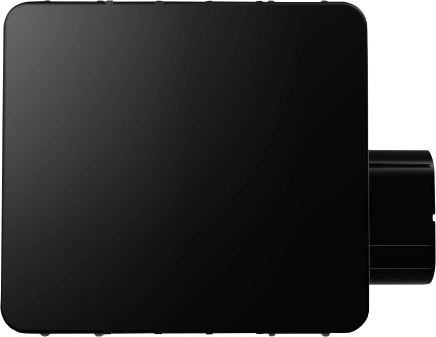 Un dispositif électronique noir de forme rectangulaire avec un composant cylindrique qui dépasse sur le côté droit, présenté sur un fond blanc.