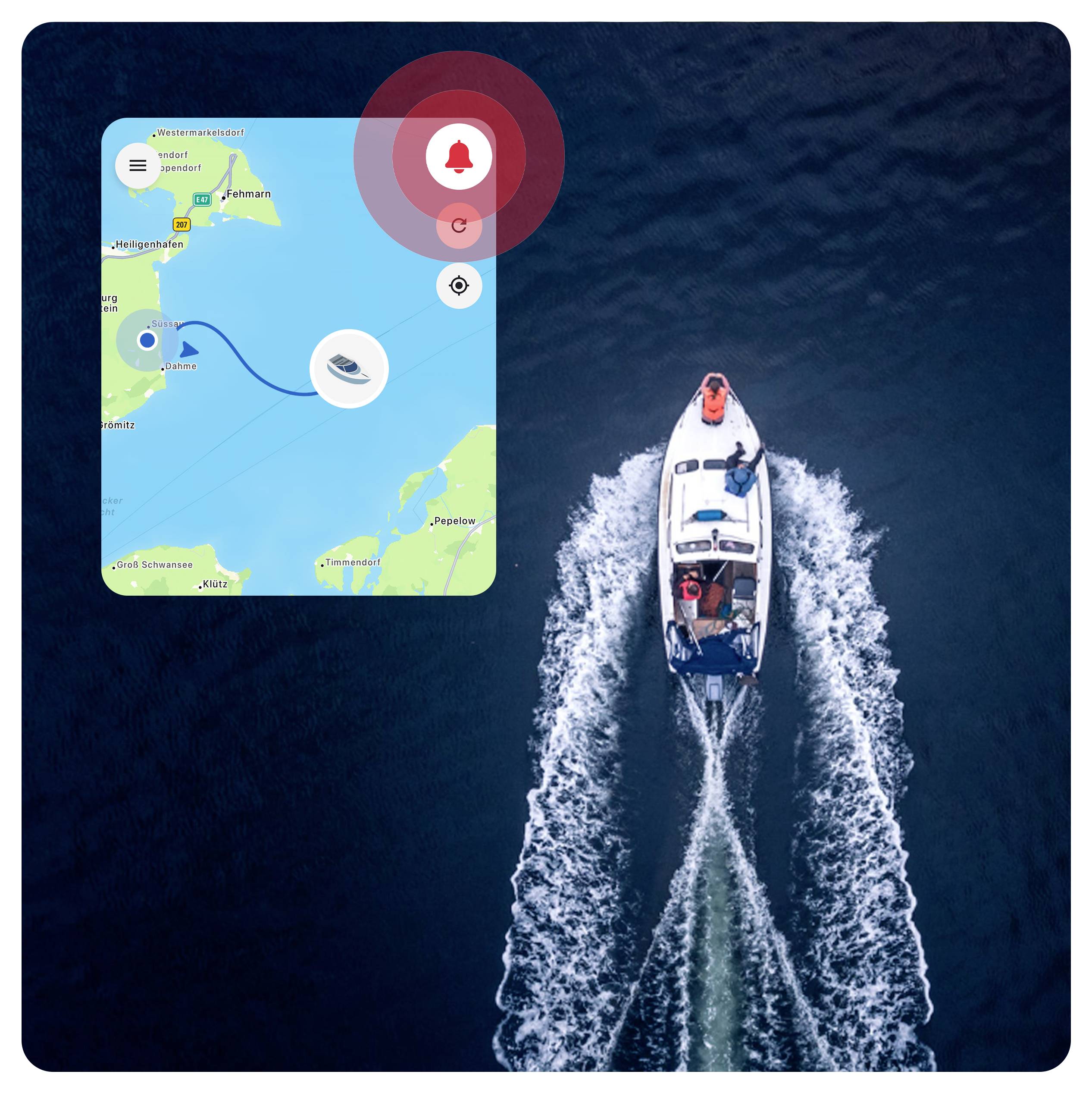 Un bateau se déplace sur l'eau avec une superposition de carte numérique montrant son itinéraire vers la côte près de Newcastle. Une alerte de notification est mise en évidence.